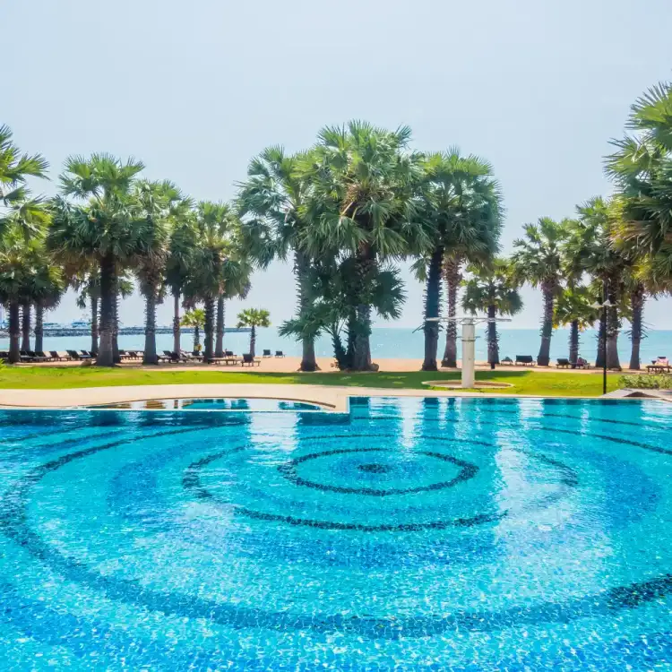 Beachfront swimming pool lined with palm trees and lounge chairs
