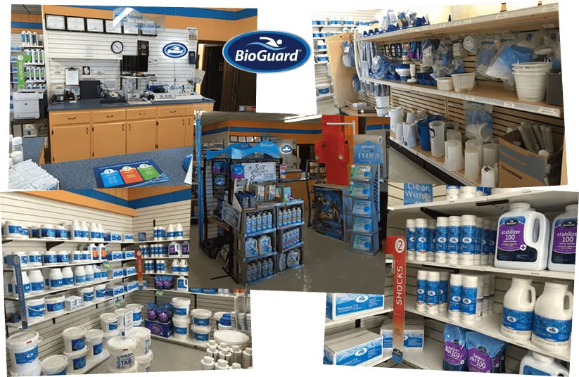 Store shelves stocked with BioGuard pool supplies