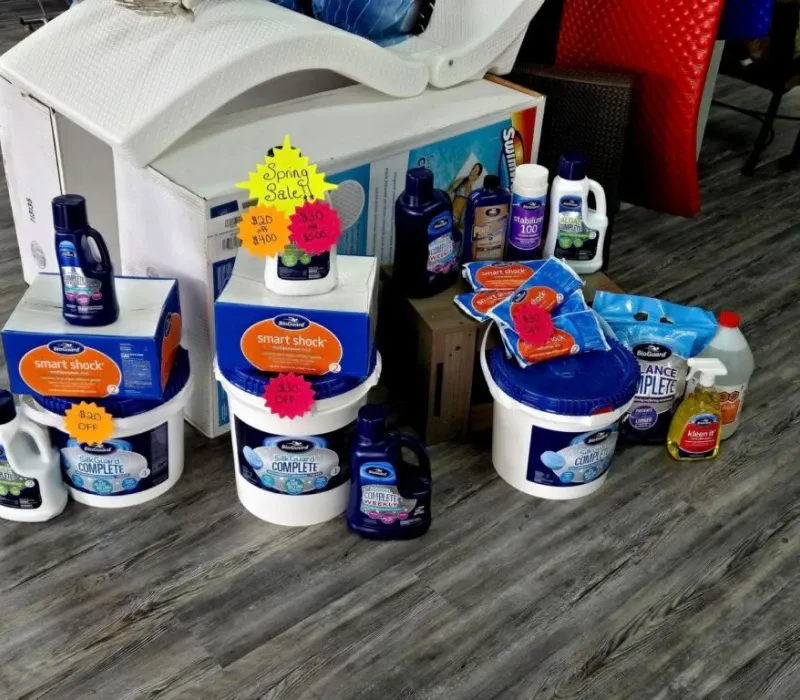 BioGuard pool chemicals and sale items arranged on store floor