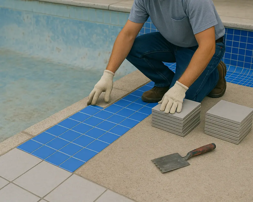 Pool repair experts installing new blue tiles