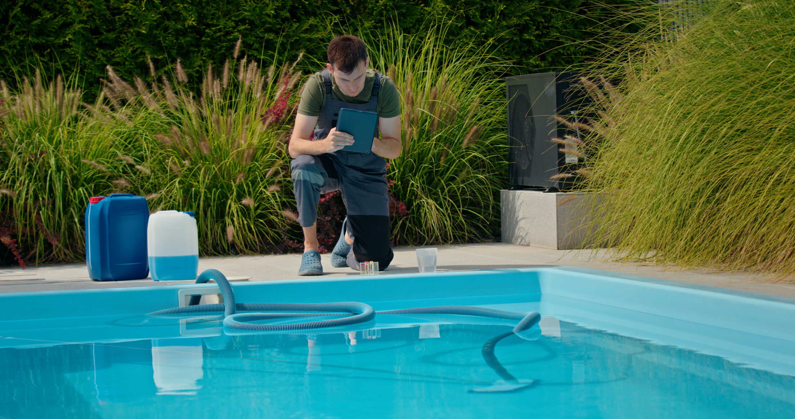 pool technician using tablet by pool surrounded by chemical containers greenery focused scaled