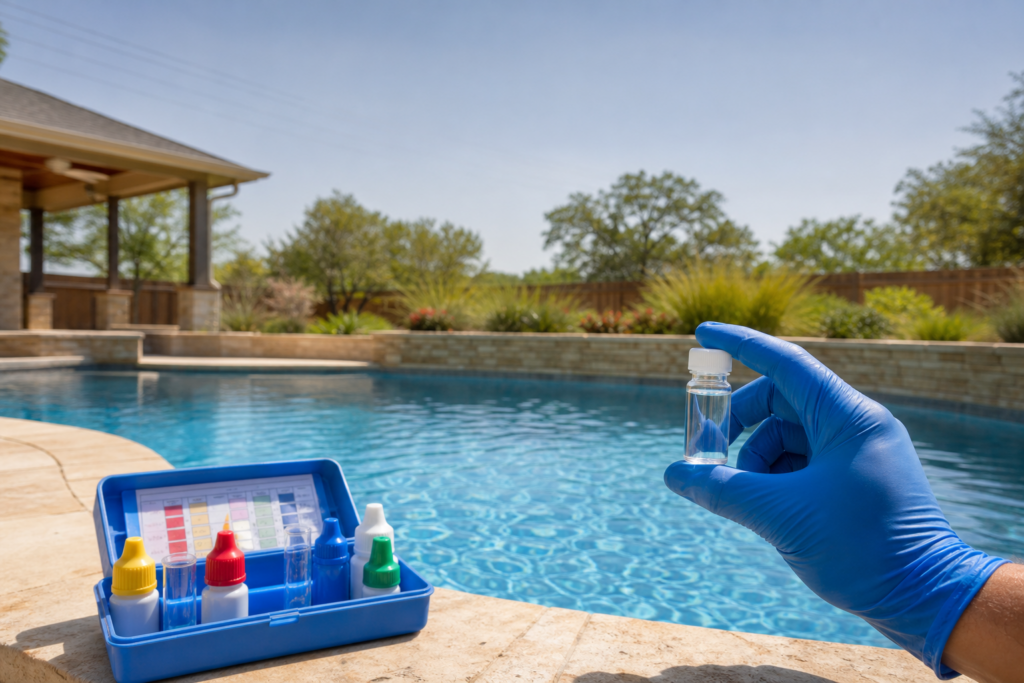 Pool water safety Victoria TX water testing kit beside clear swimming pool