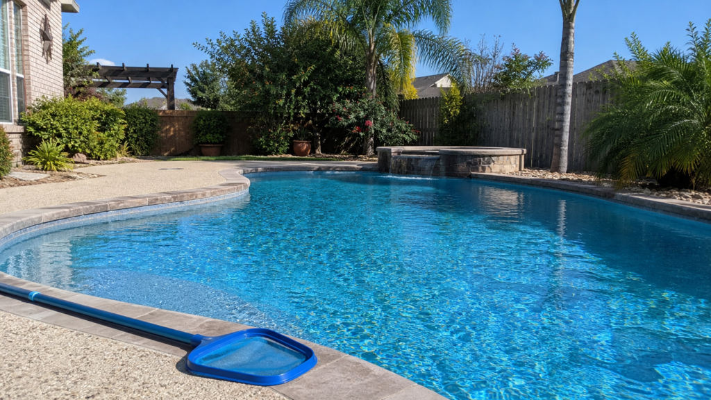 Clean backyard pool maintained by a Victoria pool cleaning service