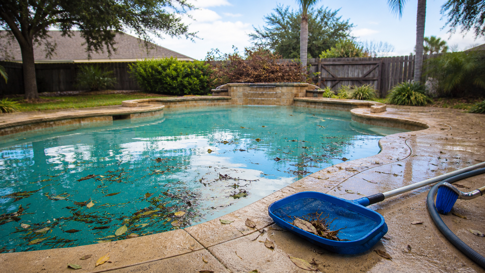 Storm debris in backyard pool before one-time cleaning in Victoria TX