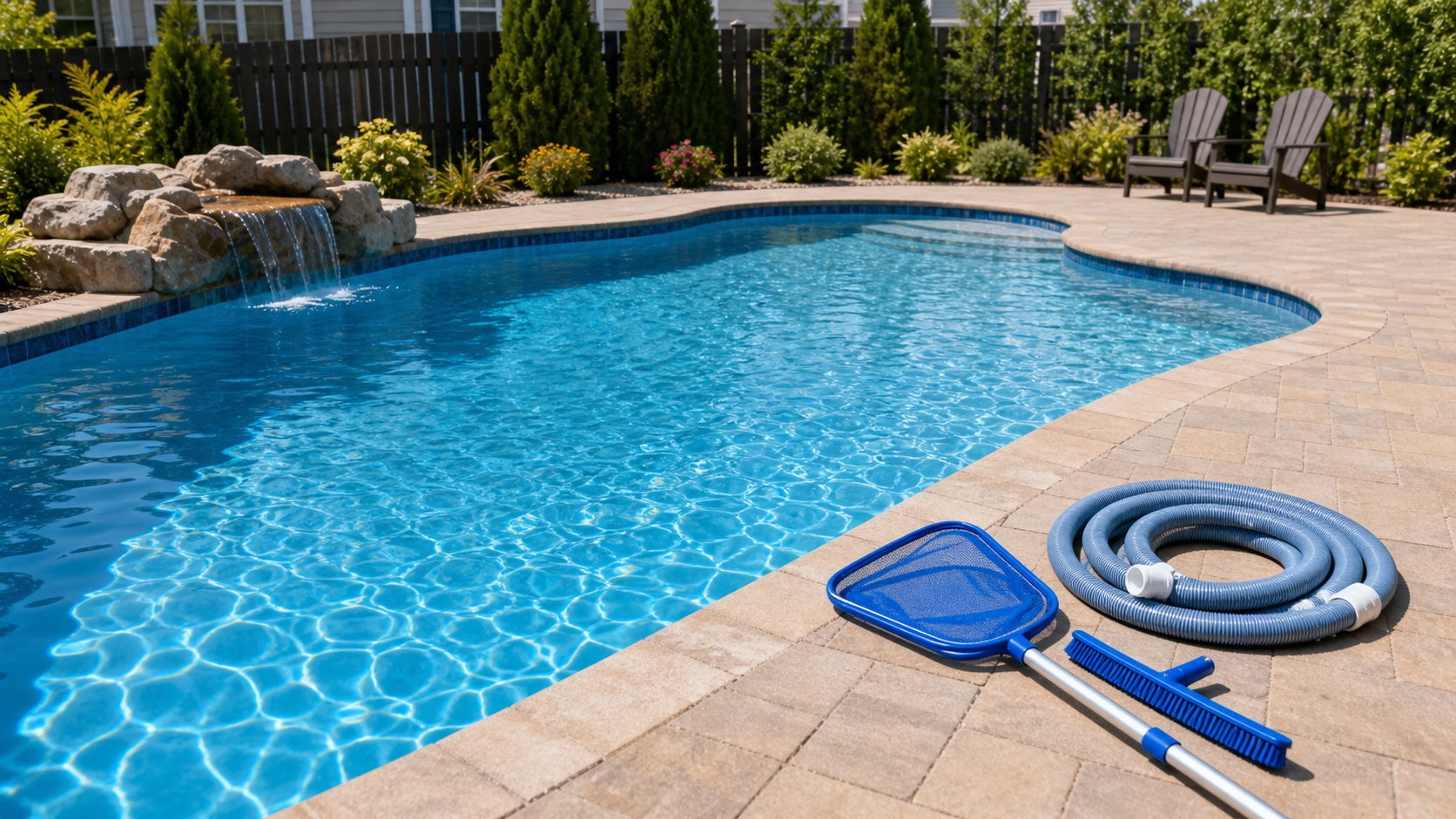 Clear swimming pool water with maintenance tools on the pool deck