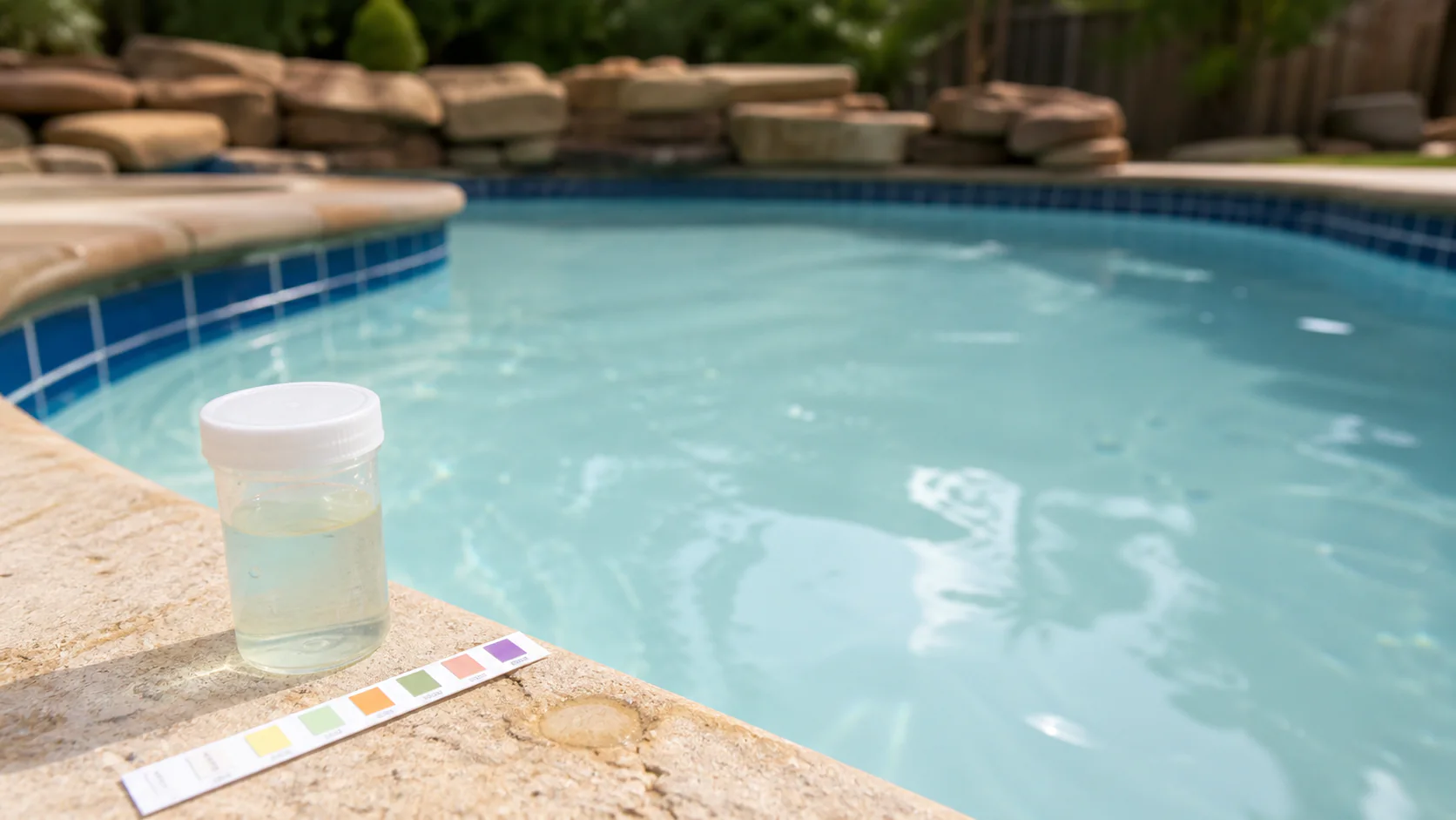 Cloudy pool water and test strip showing signs pool needs service