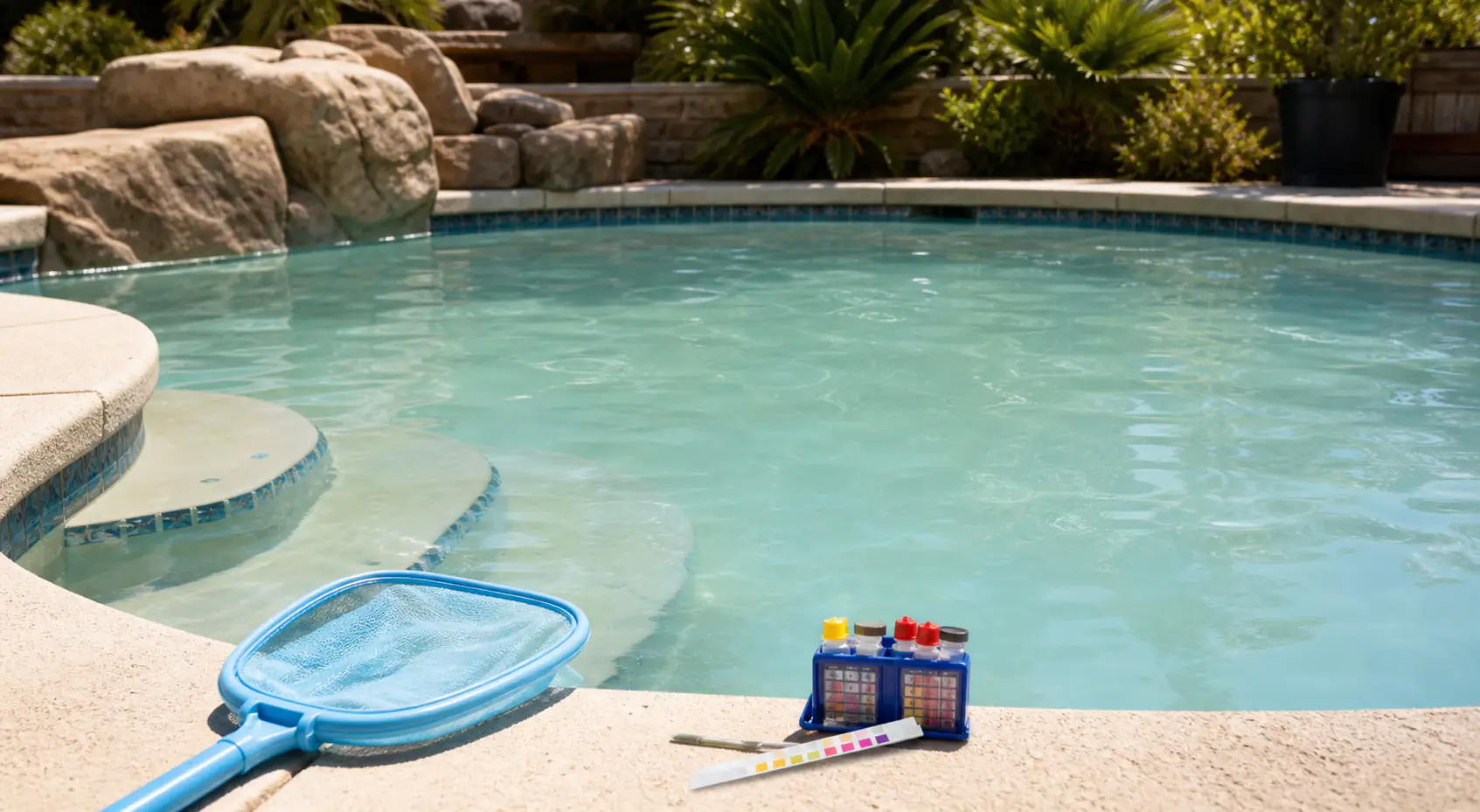 Cloudy pool water near steps before pool cleaning and repair service
