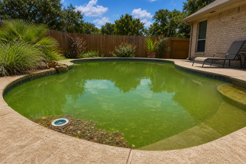 Green pool cleanup cost Victoria TX backyard pool with cloudy green water
