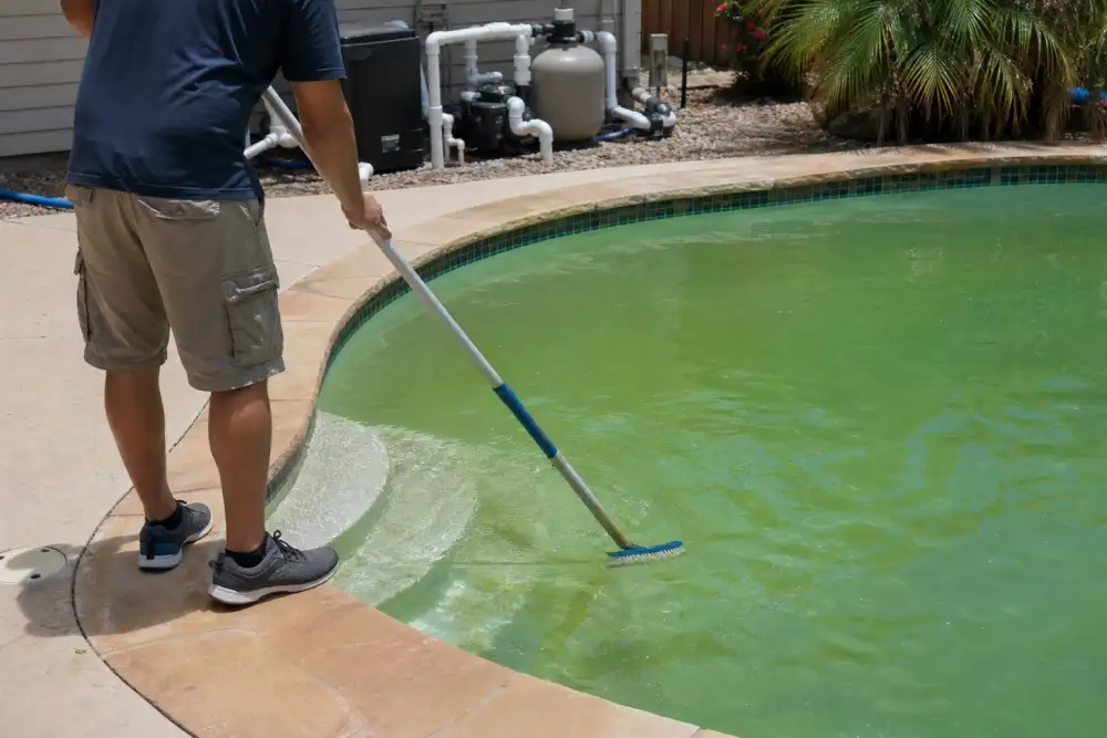 Pool technician brushing a green pool during cleanup in Victoria TX