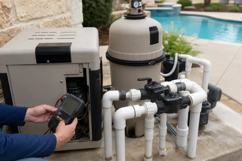 Pool heater and filter system being inspected before repair or replacement