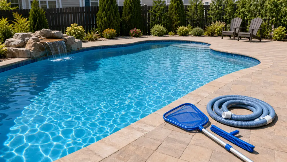 Clear swimming pool water with maintenance tools on the pool deck