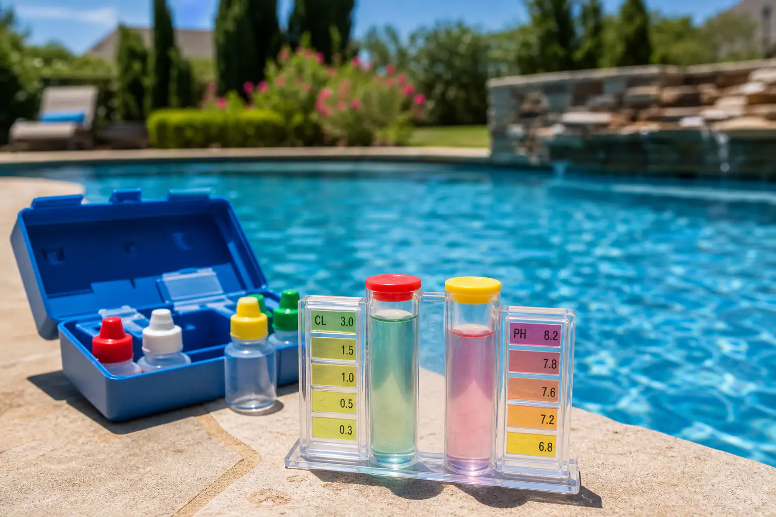 Pool chlorine and pH test kit beside clear water in Victoria TX