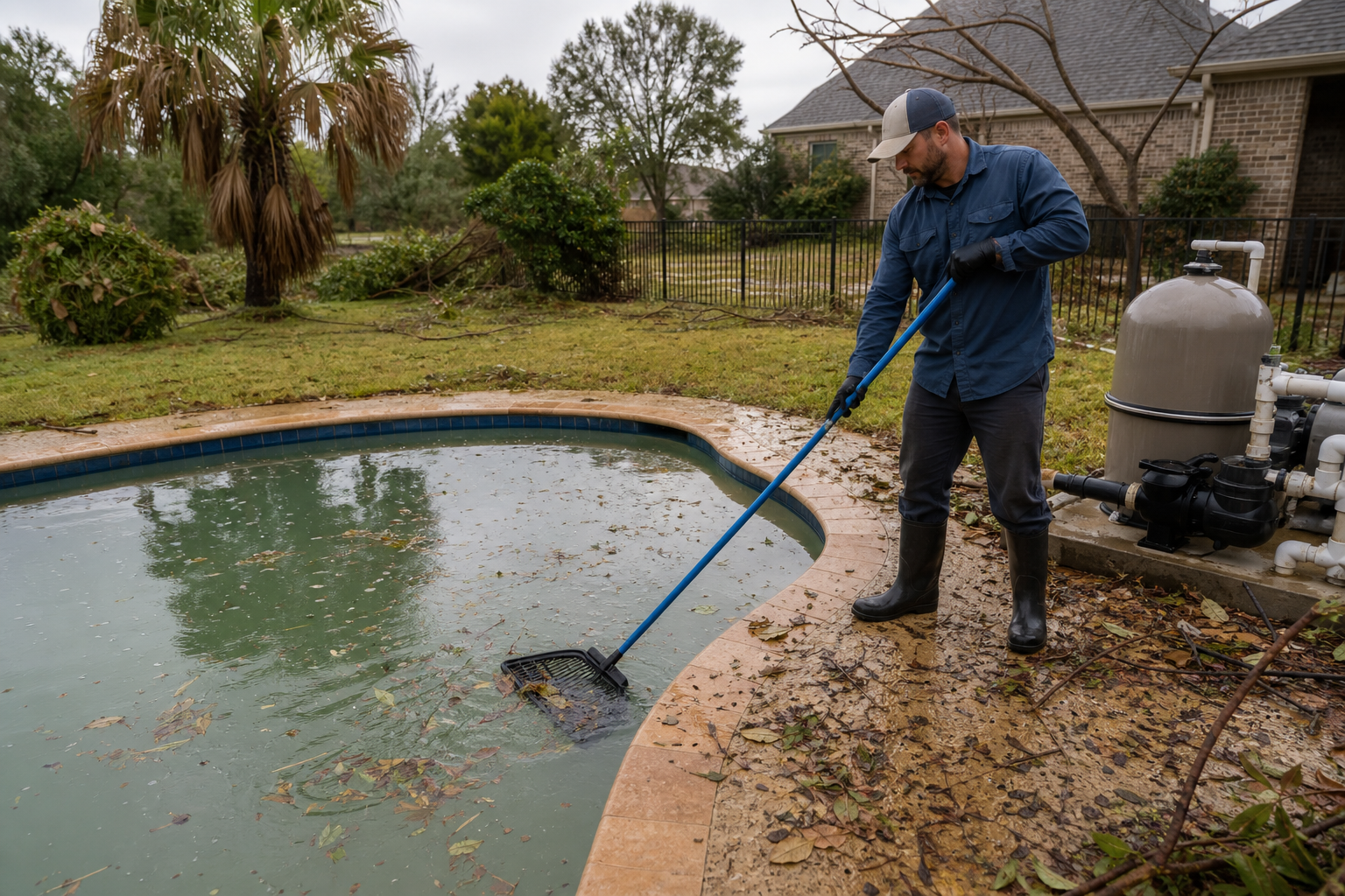 Pool cleanup after a hurricane in Victoria Texas