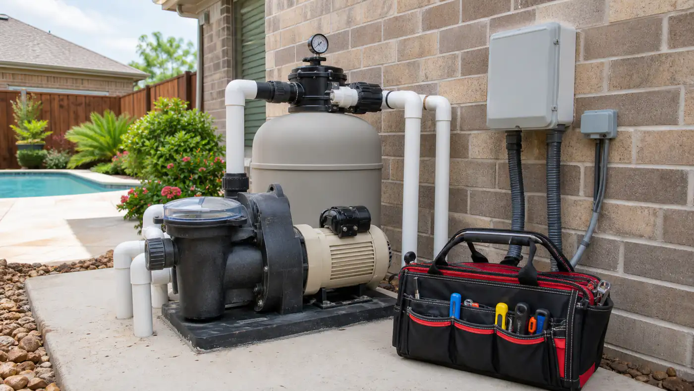 Pool equipment check during Victoria TX pool maintenance
