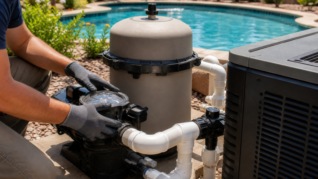 Technician inspecting pool pump filter and heater for pool equipment repair cost Victoria TX article