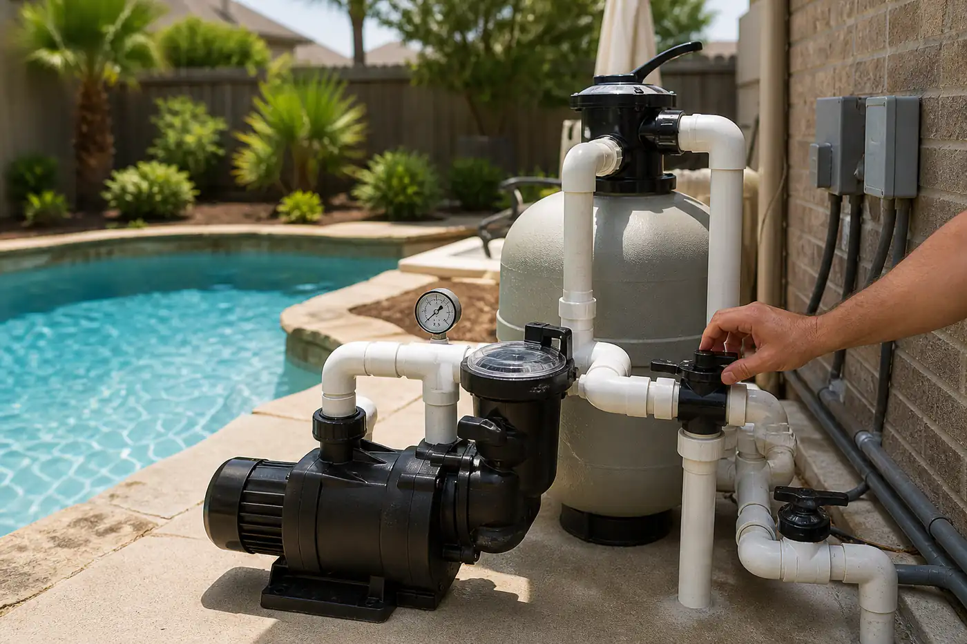 Pool pump and filter equipment checked for safe water circulation