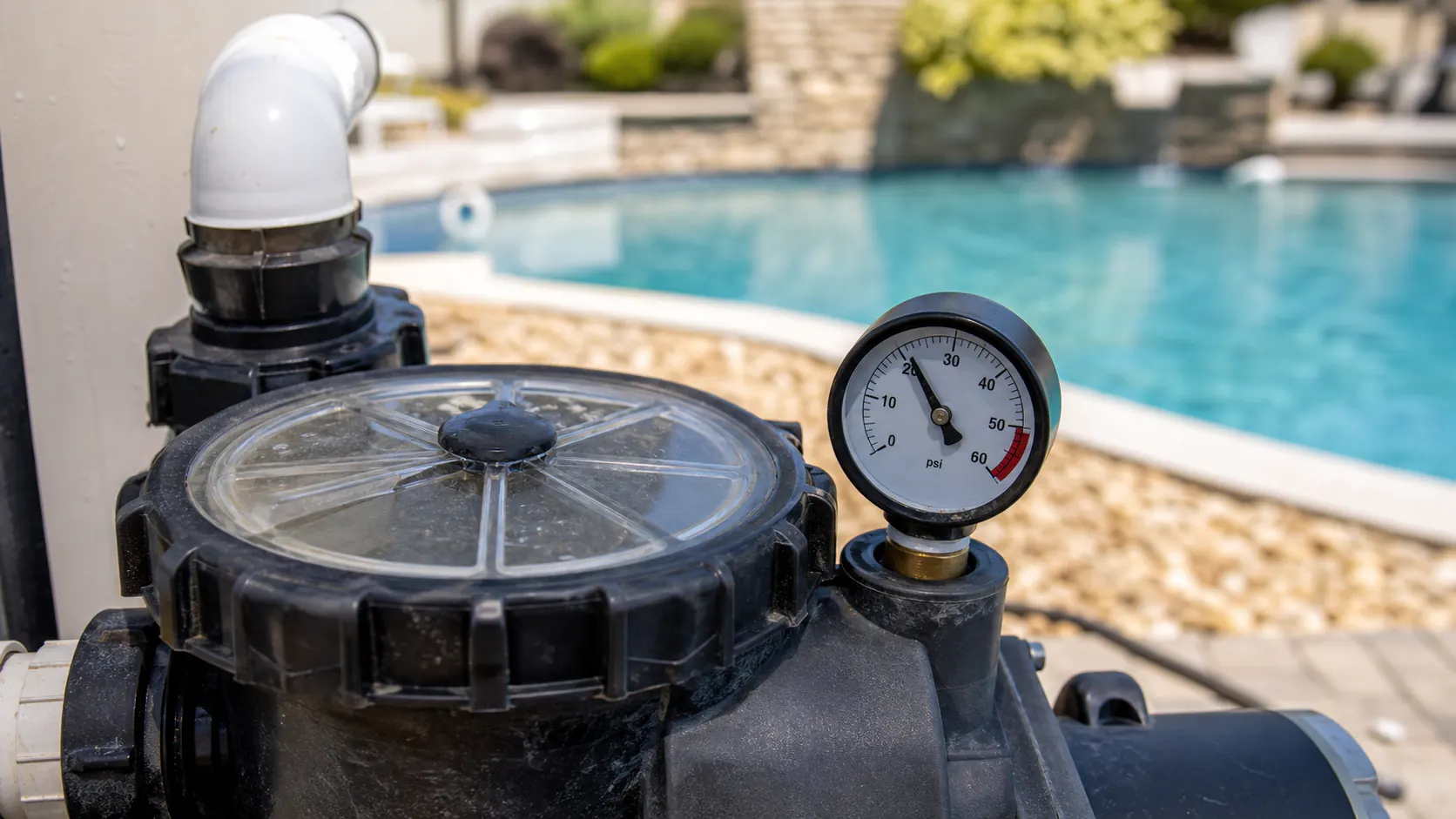 Pool filter pressure gauge checked during professional pool service