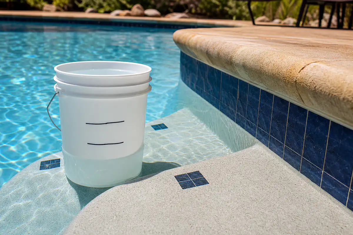 Bucket test checking pool water loss before pool repair in Victoria TX