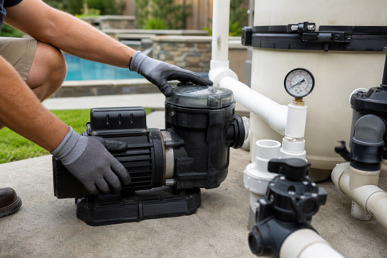 Pool technician checking a pump motor and filter pressure gauge in Victoria TX
