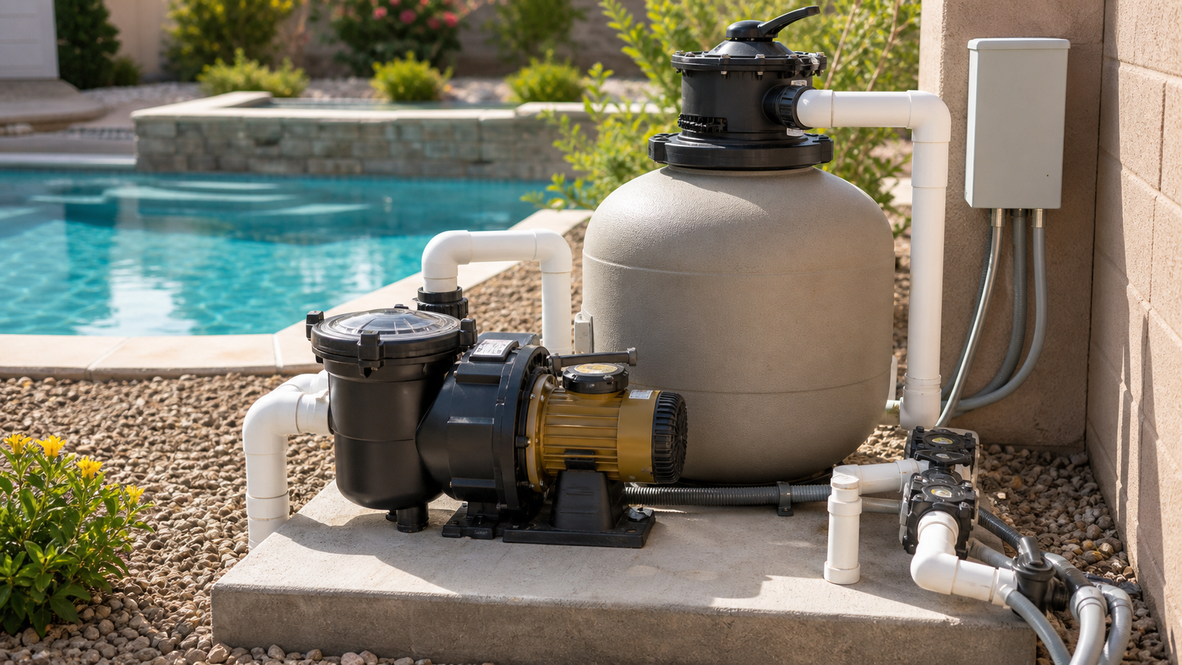 Pool pump repair equipment pad beside a backyard swimming pool