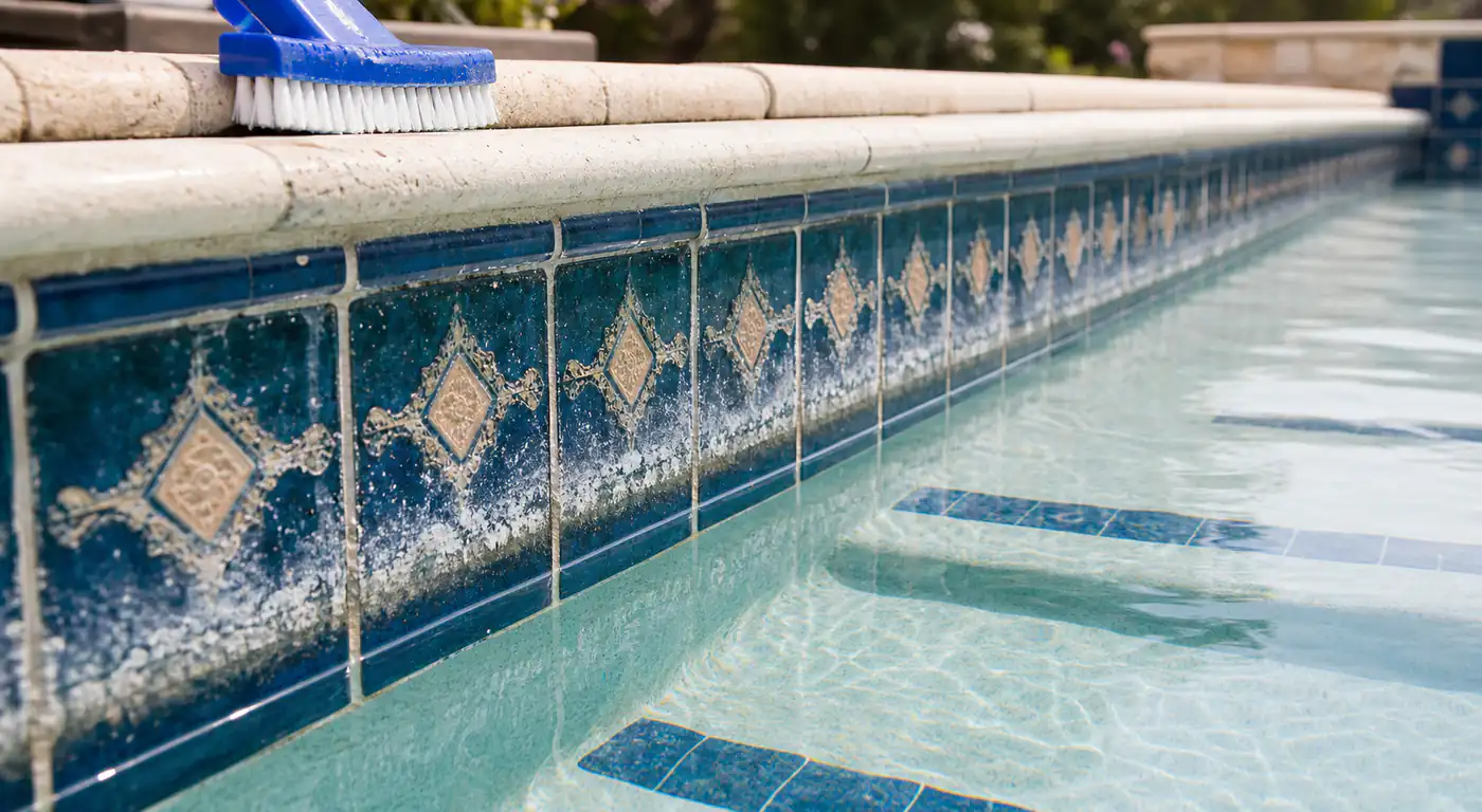 Calcium scale on pool tile showing early signs for pool repair Victoria TX