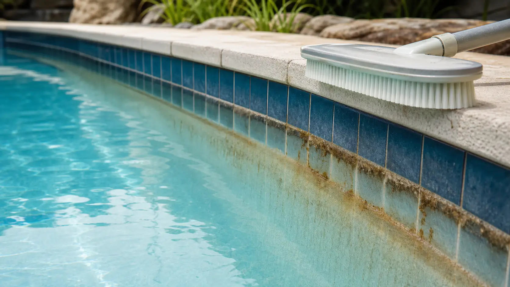Pool tile staining and scale as hidden signs pool needs service