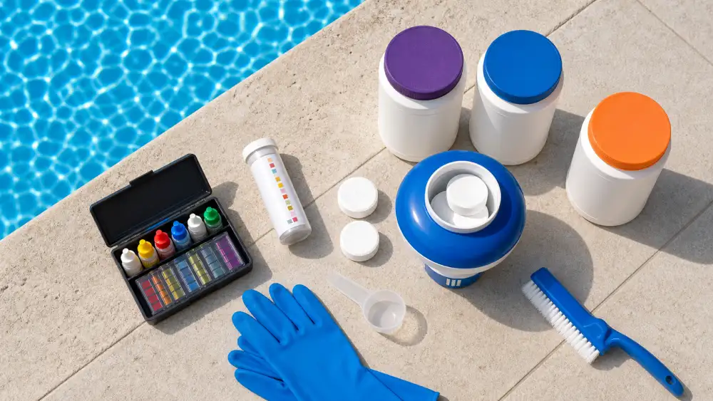 Pool water treatment products arranged on a pool deck without a technician