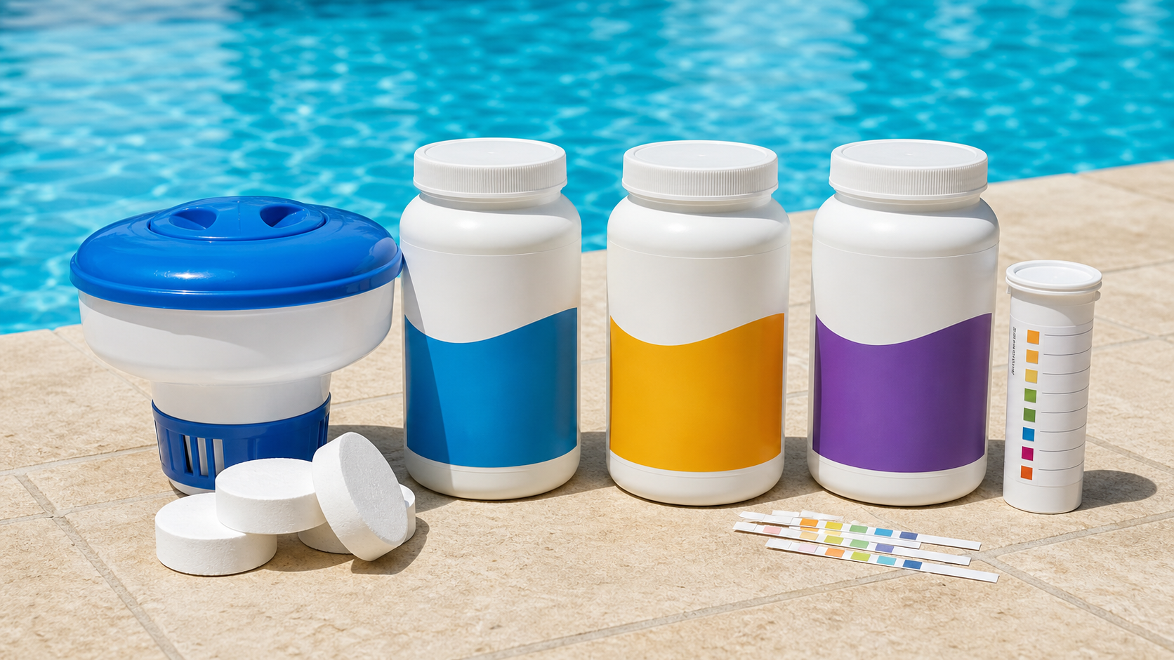Pool water treatment products arranged beside a clean swimming pool