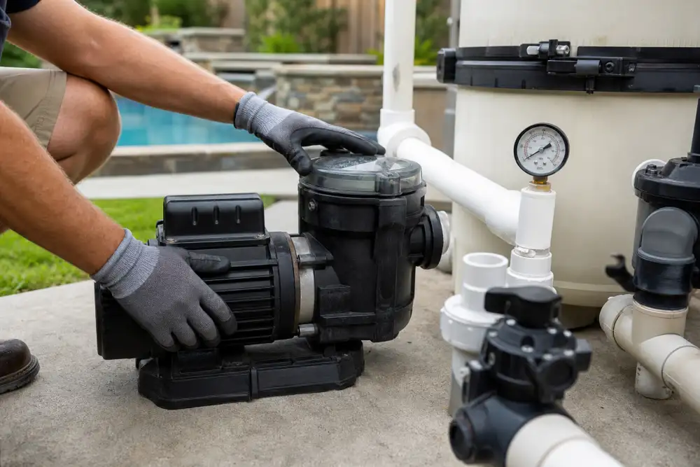 Pool technician checking a pump motor and filter pressure gauge in Victoria TX