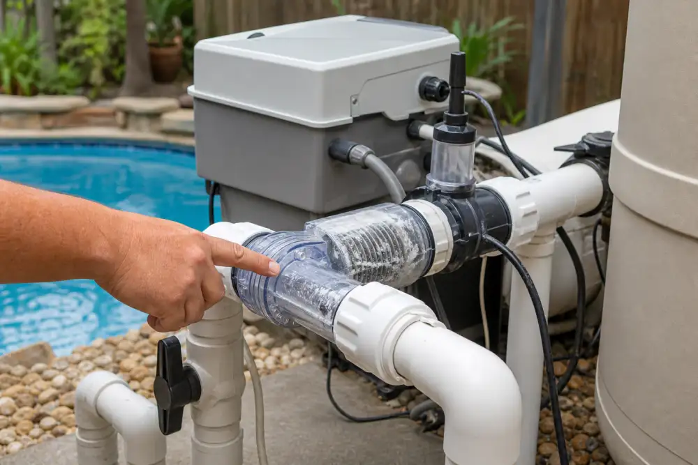 Salt cell and pool plumbing inspection for buildup and flow problems