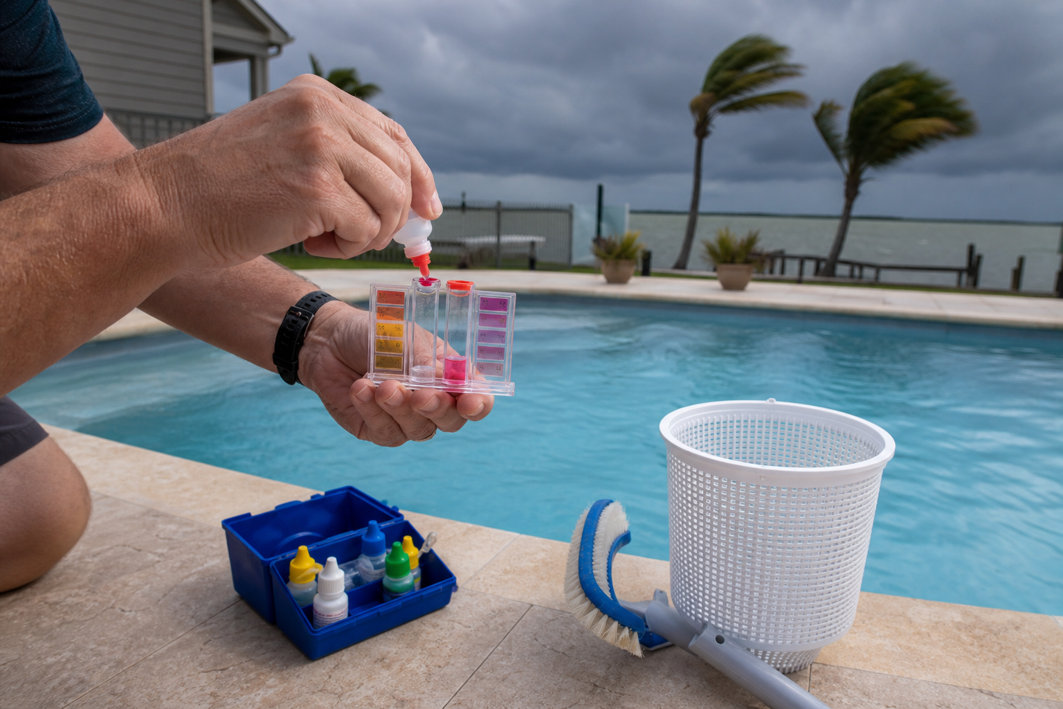 Testing pool water before a hurricane in Texas