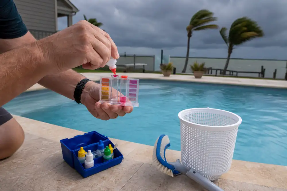 Testing pool water before a hurricane in Texas