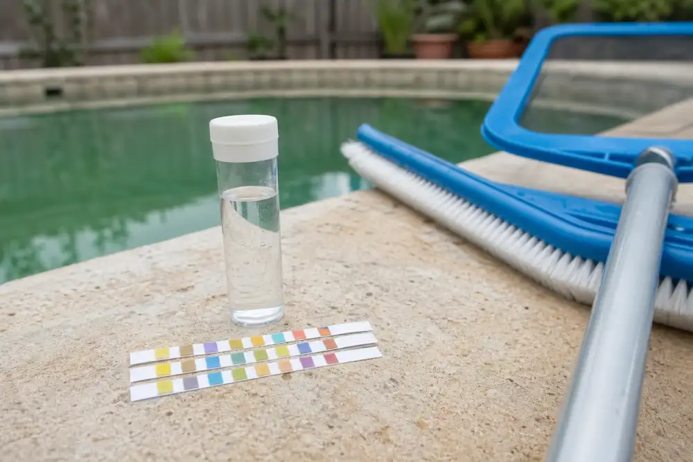 Pool water test strips used during green pool cleanup in Victoria TX
