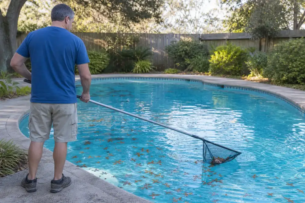 Homeowner removing fall leaves from a Victoria TX swimming pool