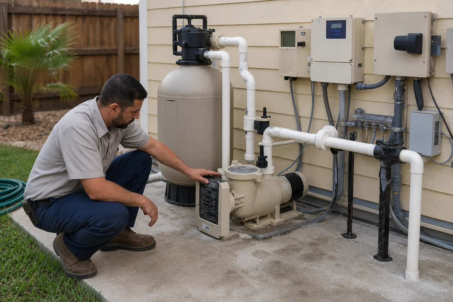 Licensed technician inspecting pool pump and filter equipment