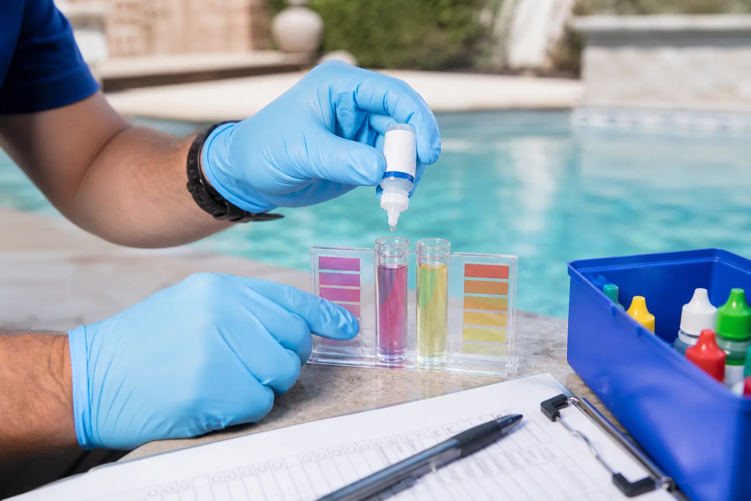 Pool technician testing water at a Victoria home