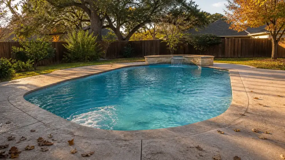 Pool season Victoria TX backyard pool in mild fall weather