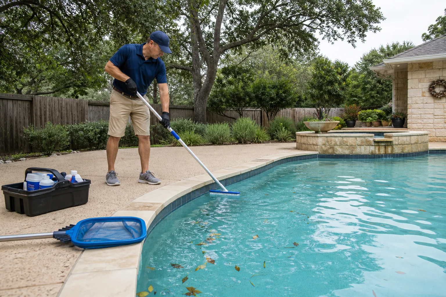 Technician brushing a residential pool during weekly service