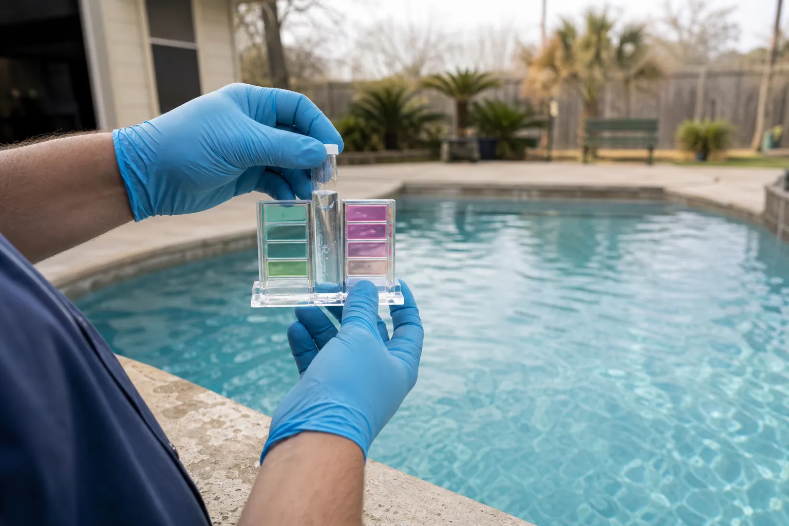 Technician testing pool water during winter service in Victoria TX