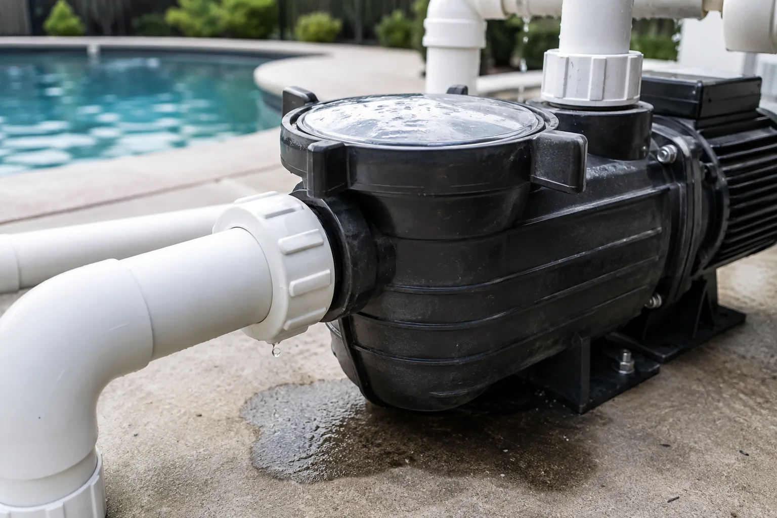 Droplet at a pool pump pipe union with a wet patch on the equipment pad